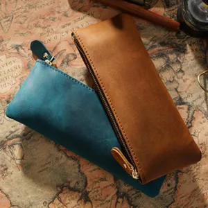 Astuccio per matite in vera pelle vintage grande capacità borsa portaoggetti retrò