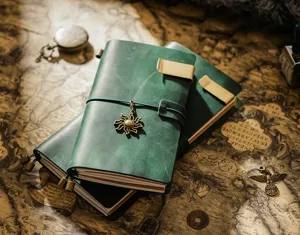 Green vintage leather traveler notebook, detail shot with vintage charms and bookmarks.