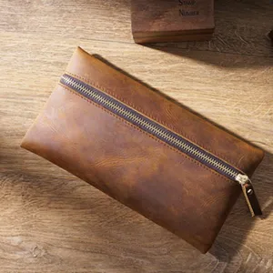 Astuccio vintage in vera pelle con cerniera metallica diagonale, grande capacita borsa.