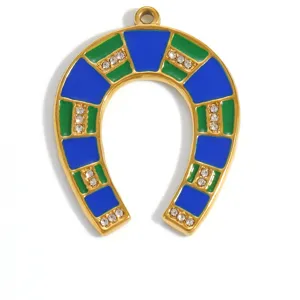 Gold-plated horseshoe pendant with blue and green enamel and sparkling rhinestones for DIY