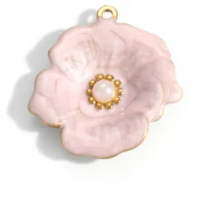 Close-up of a pink enamel flower pendant with pearl center and gold-plated stainless steel edges