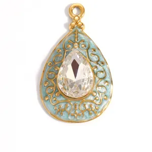 Close-up of a gold-plated waterdrop pendant with light blue enamel and a large crystal center.