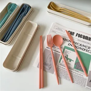 Set di Posate Portatile in Paglia di Grano Bacchette Cucchiaio Forchetta Con Scatola di Immagazzinaggio