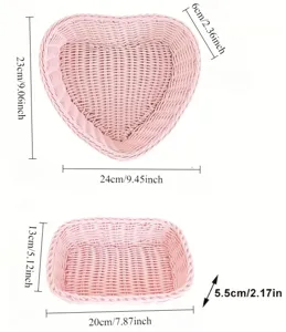 Paniers de rangement en rotin plastique rose, organisateurs de bureau cœur et rectangle.