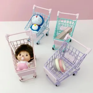 Mini metal shopping cart ornament cute desktop storage basket supermarket model toy for home decor
