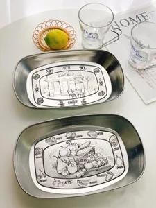 Vintage stainless steel tray retro coffee fruit plate decorative rectangular metal storage dish