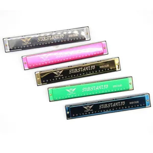 Metal 24-hole tremolo harmonica detail view, multi-color student musical instrument display.