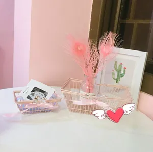 Pink iron wire storage basket girlish style desktop organizer for stationery jewelry sundries