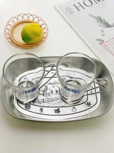 Retro stainless steel serving tray set with glass cups for home decor food storage plate