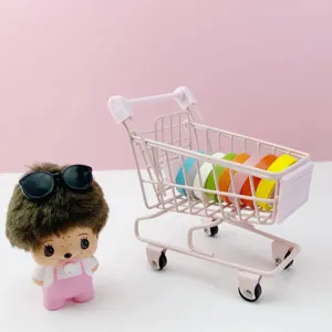 Mini metal shopping cart model craft ornament with colorful tape rolls and cute doll toy