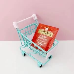 Detail shot of mini metal shopping cart ornament, cute desktop storage container and toy prop.