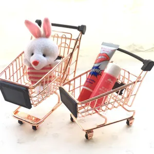 Mini Metal Shopping Cart Supermarket Trolley Desktop Organizer Rose Gold Storage Basket Cute Simulation Toy Photography Prop