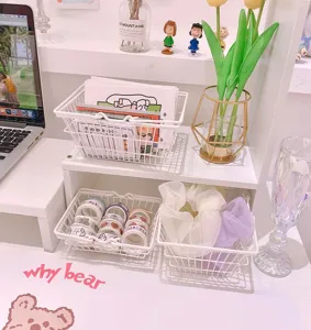 Ins style white iron storage basket desktop organizer for student dorm stationery items