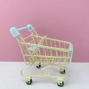 Mini metal shopping cart model, cute supermarket trolley desk ornament toy detail view.