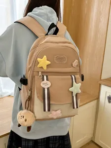 Beiger Patchwork-Schulrucksack für Mädchen mit süßen Sternen und großem Fassungsvermögen