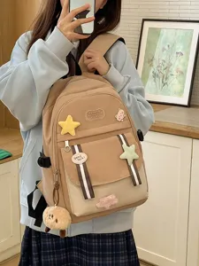 2025 lässiger beiger Schulrucksack für Mädchen mit süßen Stern-Patches und Plüsch-Anhänger