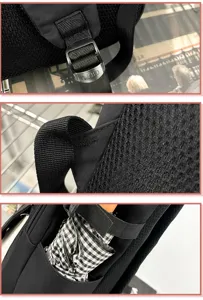 Détails de la boucle du sac à dos noir, du rembourrage en filet et de la poche