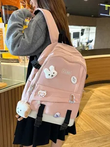 Sac à dos rose de grande capacité avec écussons de dessin animé et breloque pain
