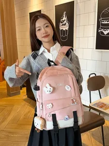 Sac à dos d'école rose mignon de grande capacité avec épingles de dessin animé pour filles