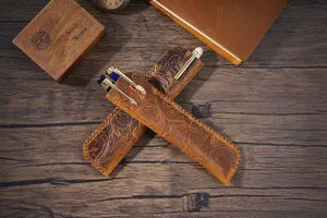 Vintage genuine leather pen sleeve embossed handmade cowhide pencil pouch retro stationery case