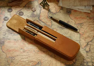 Vintage crazy horse leather pen case 3 slots handmade fountain pen storage box detail view