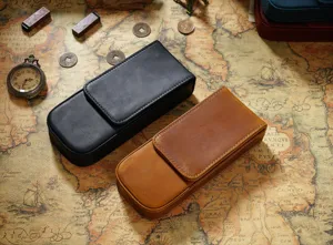Handmade crazy horse leather pencil case 3 slot vintage fountain pen storage box organizer
