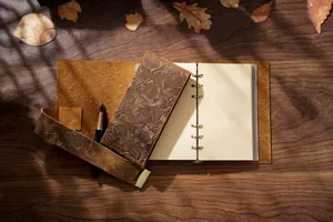 Detail shot of vintage embossed leather loose-leaf journal notebook with smooth blank pages.