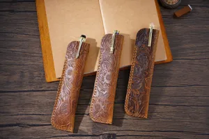 Vintage genuine leather pen sleeve handmade embossed pencil pouch creative gift protective cover