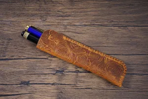Handmade vintage genuine leather pen pouch protective case floral embossed brown stationery gift