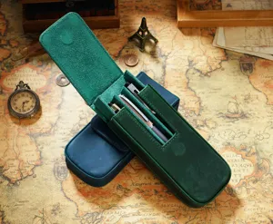 Crazy horse leather pen case with 3 slots, magnetic drawer style fountain pen storage box.