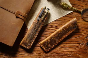 Handcrafted genuine leather pen sleeve retro carved cowhide pen case vintage stationery holder