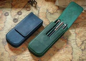 Vintage crazy horse leather pen case 3-slot handmade fountain pen storage box holder organizer