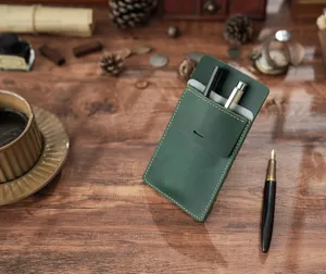 Genuine leather pocket pen pouch nurse doctor pen holder portable green desk detail view