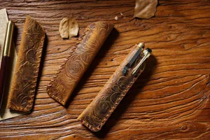 Handmade vintage embossed genuine leather pen sleeve retro cowhide pen case knife sheath