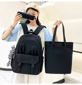 Ensemble 3 pièces de sac à dos noir étanche pour filles avec motif mignon oreilles lapin