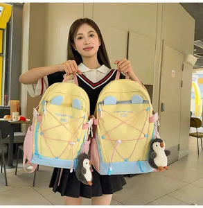 Großer Schulrucksack für Mädchen mit Pinguin-Anhänger und süßen Ohren