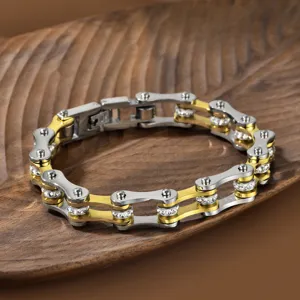 Tweekleurige roestvrijstalen fietsketting armband voor heren met strass steentjes