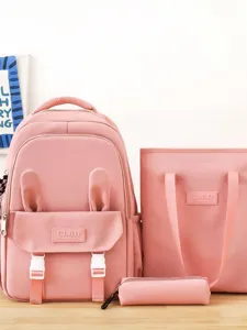 Ensemble Sac à Dos 3 Pièces Oreilles de Lapin Mignon pour Filles Cartable Étudiant en Nylon Imperméable Grande Capacité Bleu Rose Noir Sac à Dos