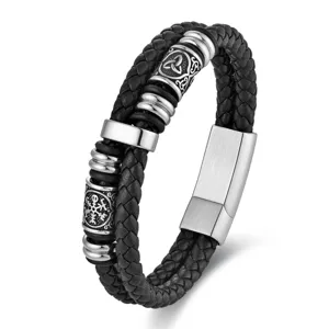 Handgefertigtes nordisches Wikinger Lederarmband mit Edelstahl-Magnetverschluss und Charms