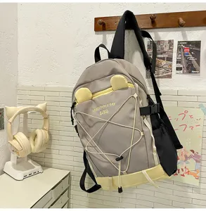 Großer grauer und gelber Schulrucksack mit niedlichem Ohren-Design für Outdoor-Reisen