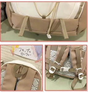 Detailansicht der ergonomischen Rückenpolsterung und des Brustgurts dieses beigen Rucksacks.