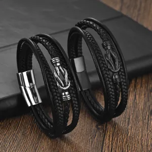 Bracelet Homme en Cuir Microfibre Tressé Multicouche Fermoir Magnétique en Acier Inoxydable Punk Bracelet de Style Rue