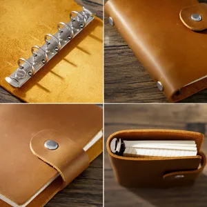 Close-up details of A8 mini leather loose-leaf notebook, metal ring binder and snap button.