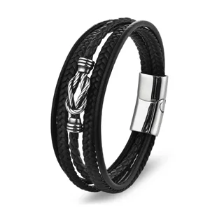 Bracelet homme en cuir noir tressé multicouche avec fermoir magnétique en acier
