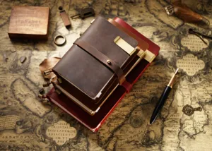Vue detaillee de carnet en cuir vintage avec fermeture a sangle sur carte antique.
