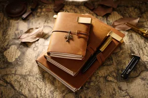 Ensemble de carnet de voyage en cuir vintage avec clips en métal et carte ancienne.
