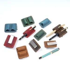 Vintage Leder Stifthalter Detail, handgemachte Notizbuch Stiftschlaufe mit Metallclip