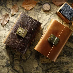 Detailaufnahme von Vintage-Lederjournals mit geprägtem Blumenmuster und Messingschloss.