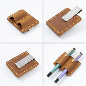 Detailansicht des Vintage Echtleder Crazy Horse Doppel Stifthalters mit Edelstahlklammer.