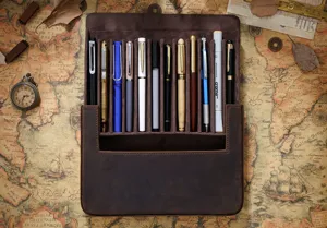 Astuccio vintage in vera pelle cavallo pazzo 12 scomparti organizer per penne fatto